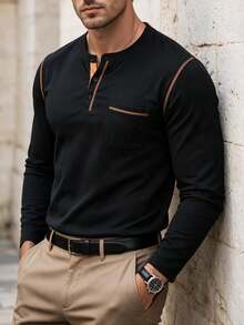 Men's Spring/Autumn New Casual Minimalist Henley Collar Long Sleeve Top, Suitable For Daily Commute And Vacation Wear - Black - View 1