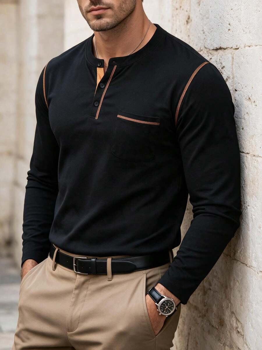 Men's Spring/Autumn New Casual Minimalist Henley Collar Long Sleeve Top, Suitable For Daily Commute And Vacation Wear - Black - View 1