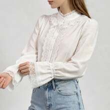Women's White Floral Lace Ruffle Collar Blouse, Puff Flare Long Sleeve Button Front Vintage Elegant Casual Commute Top, Autumn Layering - White - View 6