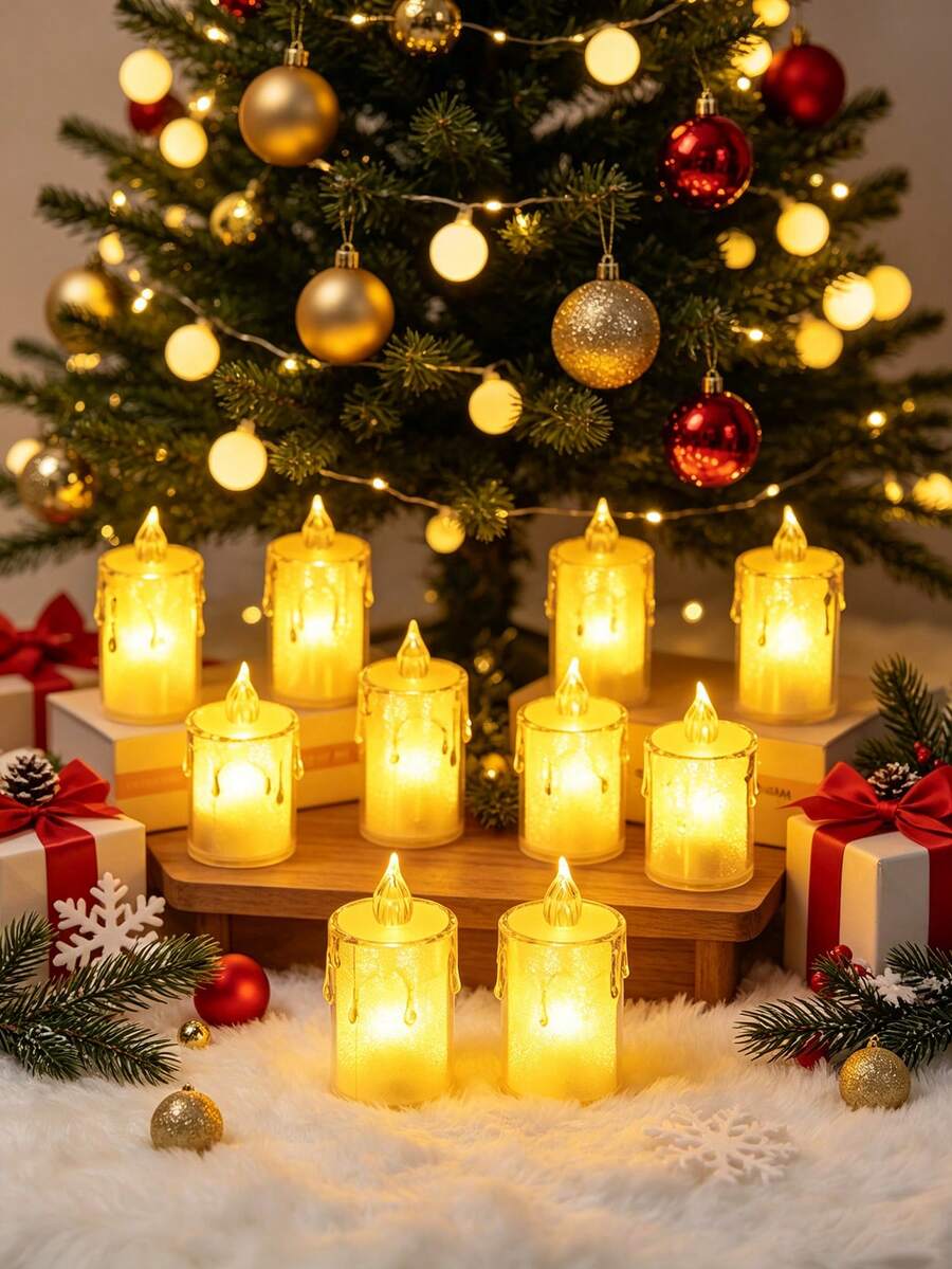 12/24pcs Crystal Decorative Flameless LED Candles, Battery Operated Realistic Tea Light Candles, Christmas Table Wedding Party Decoration, Switch Control, Batteries Included, Proposal Wedding Birthday Home Decor Electronic Candle Lights