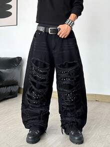 Hearty Haven 1pc Men's Distressed Denim Jeans Loose Beaded Patchwork Wide Leg Pants Casual All Season Comfortable Long Pants - No Belt And Accessories - Black - View 4