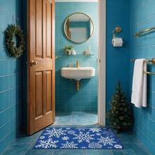 Wanfeeso Christmas Door Mat - Festive Snowflake Print Welcome Rug - Non-Slip Indoor Outdoor Floor Mat For Front Door, Porch & Entryway - Blue Tint - View 1