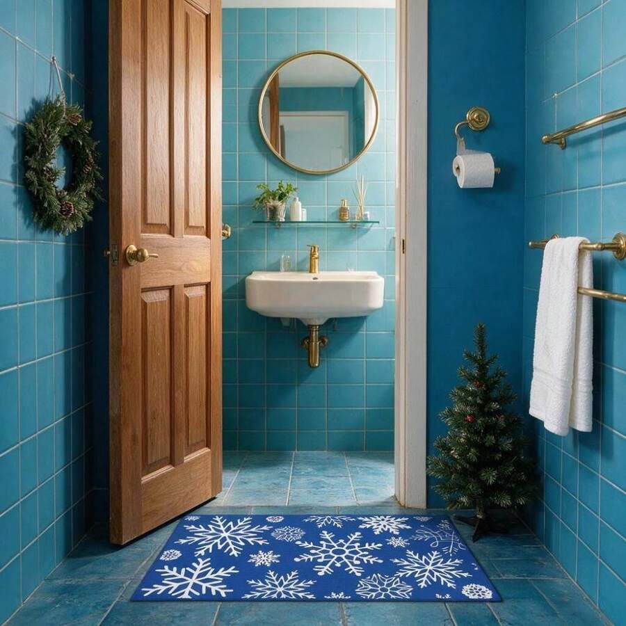 Wanfeeso Christmas Door Mat - Festive Snowflake Print Welcome Rug - Non-Slip Indoor Outdoor Floor Mat For Front Door, Porch & Entryway - Blue Tint - View 1