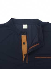 Men's Spring/Autumn New Casual Minimalist Henley Collar Long Sleeve Top, Suitable For Daily Commute And Vacation Wear - Navy Blue - View 5