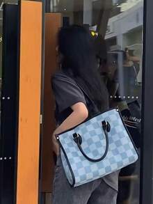黃色帆布托特包，小眾大容量通勤單肩包，極簡購物包，女性百搭托特包 - 藍色 - 查看 5