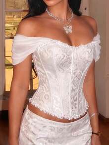 Yuwenier White Romantic Corset Top Jacquard Satin Bandeau Organza Ruffle Sleeves Lace Decor Strapless Top Halloween Stage Performance Costume - White - View 2