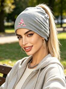 1pc Unisex A-Z Letters Thin Slouch Beanie Hat, Ponytail Design Hat For Women, ,Outdoor Skull Cap, Ideal For Spring/Autumn Streetwear - Grey - View 4