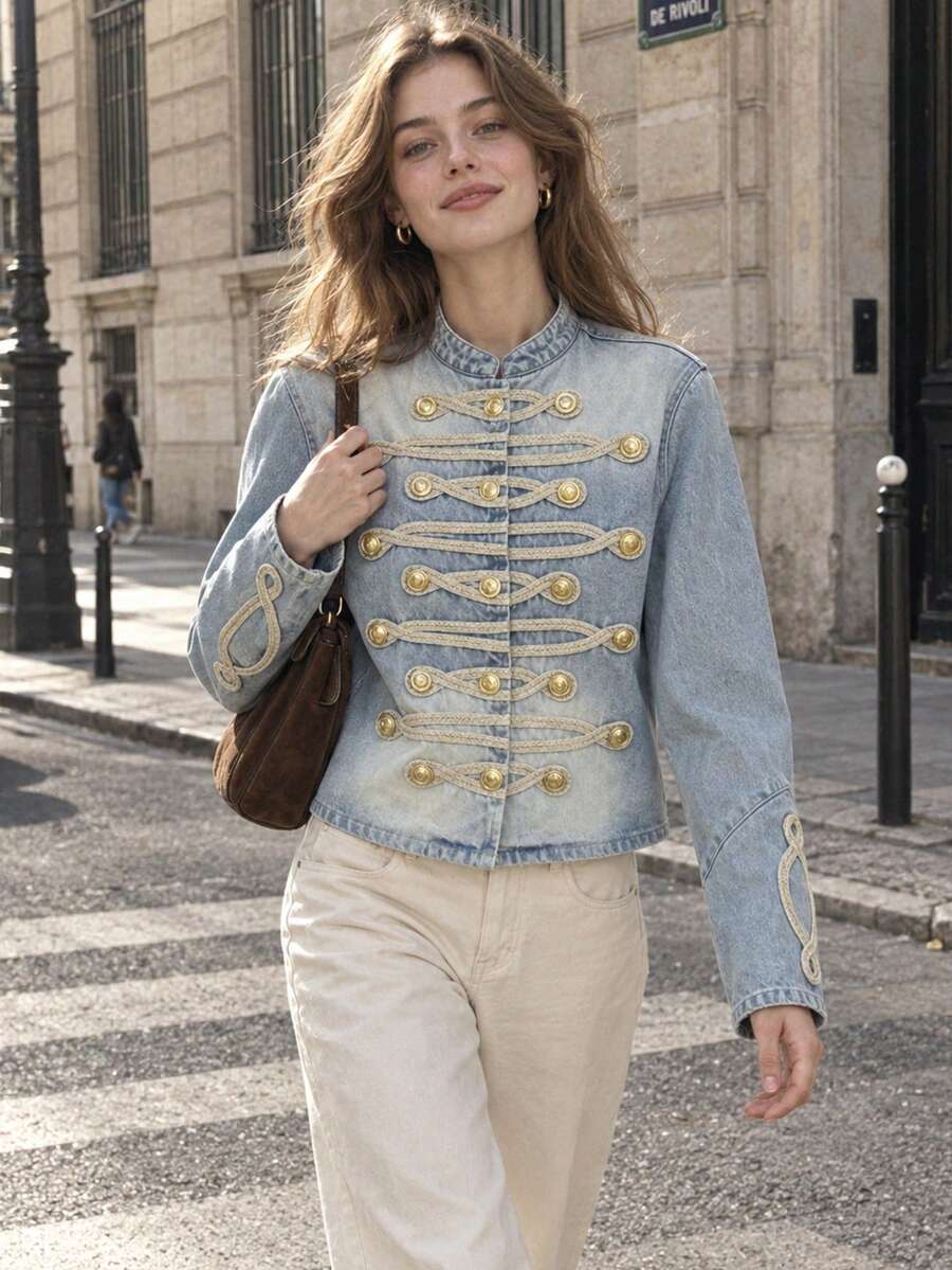 Fall Denim Jacket Women's Cropped Jean Jacket Long Sleeve Napoleon Jackets Coat Rope Buttons Napoleon Military Outerwears Woman Autumn Streetwear - Light Wash - View 1