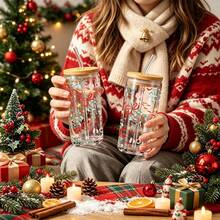 Christmas 1pc/5pcs 16oz Clear Glass Cup With Red Bow And Leaf Christmas Pattern, Bamboo Lid And Glass Straw, Crystal Clear Texture, Suitable For Daily Use And Holiday Parties - Multi-color - Christmas Ribbon - View 8