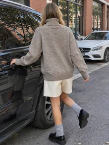 Women's Autumn/Winter Half-Open Front Knit Sweater, Casual Minimalist Pullover Top, Versatile Style - Beige - View 2