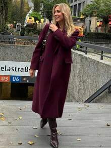 Winter Double-Breasted Wool Long Coat, Blazer Lapel, Side Pockets, Knee-Length, Loose Fit, Commuter Wool Jacket - Burgundy - View 7