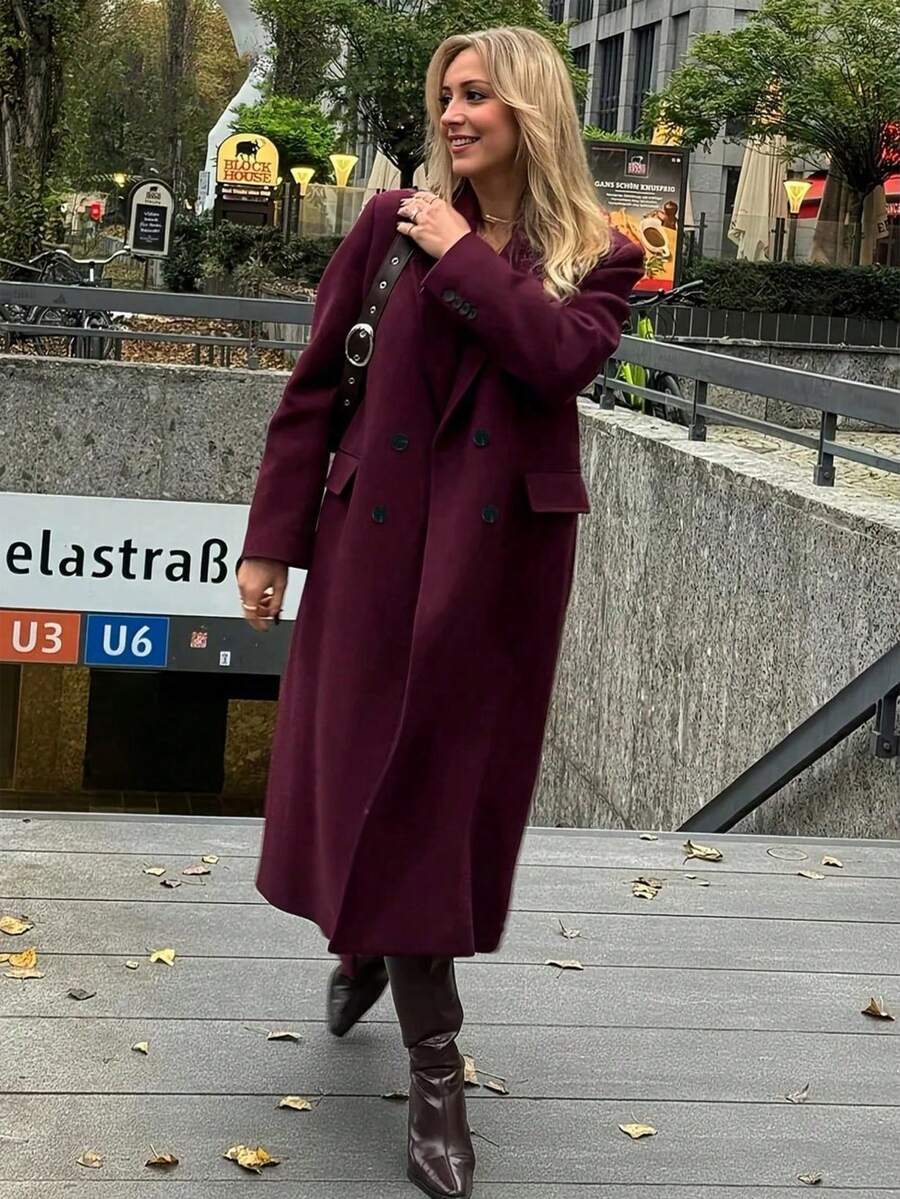Winter Double-Breasted Wool Long Coat, Blazer Lapel, Side Pockets, Knee-Length, Loose Fit, Commuter Wool Jacket - Burgundy - View 1