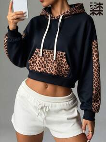 mulinsen Sweatshirt Pendek Patchwork Motif Leopard Wanita, Sweatshirt Olahraga Bahu Longgar dengan Tali Serut, Cocok untuk Gaya Streetwear Sehari-hari - Hitam - View 1