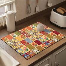 [New Thickened]Kitchen Dish Drying Mat, Dining Table Mat, Absorbent Mat, Countertop Dish Mat, No-Wash Table Mat, Bowl & Plate Drying Mat, 3.6mm Thickness - Floral Small Checkered a - View 7
