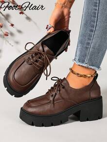 Foot Flair Women's Brown Lace-Up Round Toe Classic Versatile Shoes, Sizes 35-43 Available - Brown - View 4