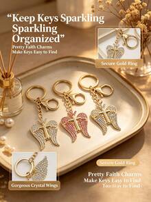 1pc Multi-Color Rhinestone Wing Cross Keychain, Inlaid With Sparkling Crystals, Metal Lobster Clasp, Portable Bag Hanging Key Ring, Suitable As Baptism, Birthday, Wedding, Holiday Gift And Daily Accessory - Multicolor - View 1