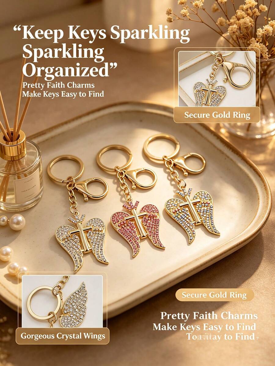 1pc Multi-Color Rhinestone Wing Cross Keychain, Inlaid With Sparkling Crystals, Metal Lobster Clasp, Portable Bag Hanging Key Ring, Suitable As Baptism, Birthday, Wedding, Holiday Gift And Daily Accessory - Multicolor - View 1