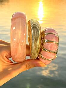 3pcs/Set Fashionable Minimalist Elegant Exquisite Vintage Design Geometric Line Textured Pink Resin Asymmetrical Marbled Pattern Patchwork Chunky Oversized Bangles Set For Holiday Vacation Party Date Gift Daily Commute Wear Personalized - Multicolor - View 2