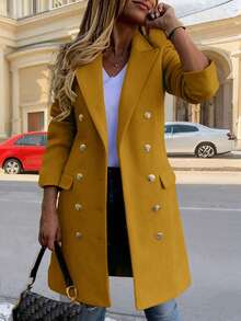Autumn/Winter Casual Double-Breasted Long Sleeve Wool-Like Fabric Overcoat For Women & Women's Wool-Like Fabric Overcoat With Peak Lapels And Double Button Detail Long Sleeve Regular Fit Jacket - Yellow - View 1