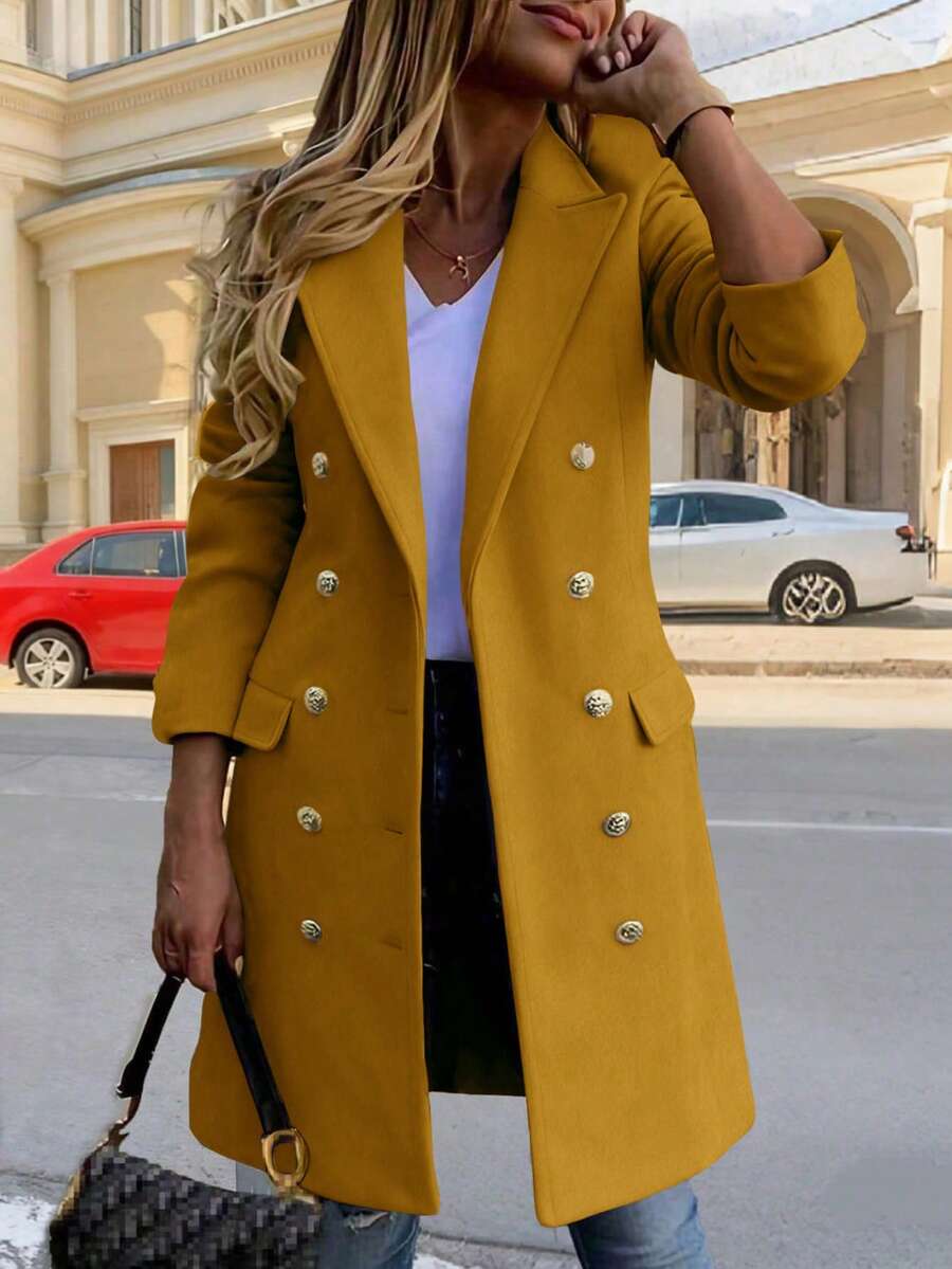 Autumn/Winter Casual Double-Breasted Long Sleeve Wool-Like Fabric Overcoat For Women & Women's Wool-Like Fabric Overcoat With Peak Lapels And Double Button Detail Long Sleeve Regular Fit Jacket - Yellow - View 1