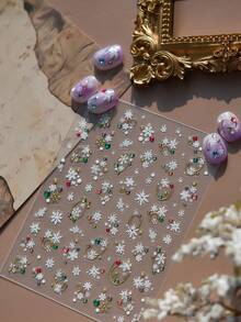 1 Sheet White Snowflake Nail Stickers, Colorful Bead Metal Ring Winter Christmas Self-Adhesive Nail Art Decals, Frozen Style DIY Manicure Nail Decorations - Multicolor - View 3