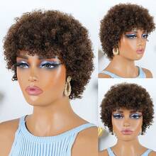 Pixie Cut Wig Human Hair Wig Brown Curly Wig Short Hair Wig With Bangs Stylish Design Suitable For Everyday Wear And Special Occasions - S4 - View 7