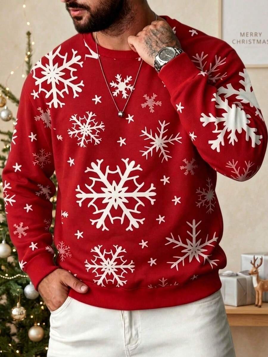 Men's Christmas Red Snowflake Print Crew Neck Sweatshirt, Loose Casual Holiday Pullover, Autumn/Winter - Multicolor - View 1