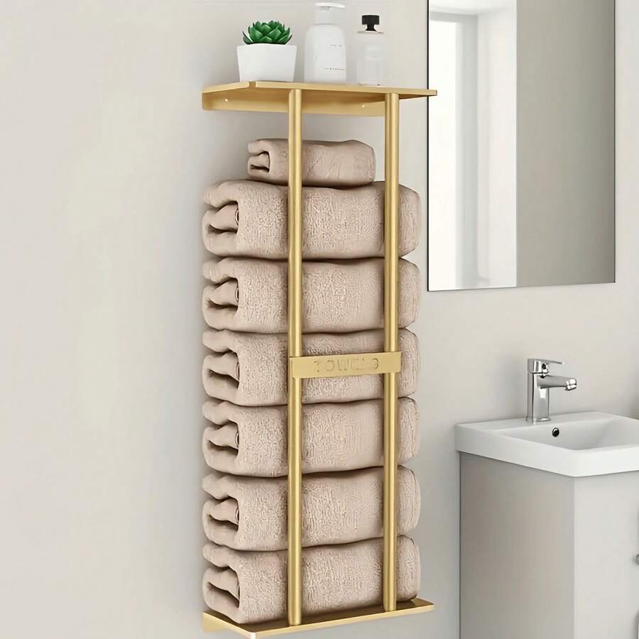 Bathroom Towel Rack, French Style Wall-Mounted Storage Rack, Space-Saving Bathroom Accessory, Holds Up To 6 Large Towels. Equipped With Storage Rack, Suitable For Hand Towels, Face Towels And Bathrobes.