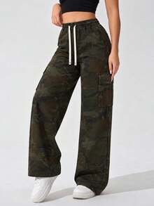AODSR Women's Camo Cargo Pants Elastic Drawstring Waist Side Flap Pocket Relaxed Straight Leg Casual Streetwear Trousers - Army Green - View 3