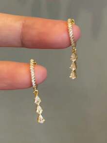 1 Pair Luxury Minimalist Cubic Zirconia Teardrop Glass Earrings Suitable For Women's Casual And Party Wear - Yellow Gold - View 2