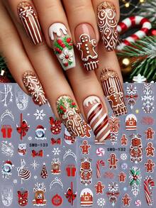 5D Embossed Cute Gingerbread Man Christmas Nail Stickers, 2pcs/Pack, Christmas Candy Cane, Reindeer, Snowflake 3D Nail Art Stickers, Self-Adhesive Nail Decoration, DIY Nail Art - Multicolor - View 4