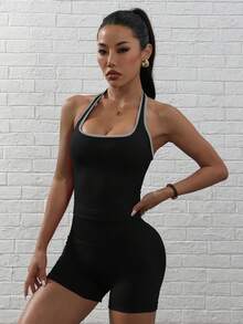 Women's Halter Square Neck Contrast Trim Seamless Fitness 2 Pieces Set, Backless Slim Fit Top + High Waist Butt Lifting Shorts, Soft Elastic, Suitable For Yoga Gym - Black - View 7