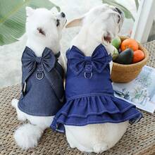 1pc Cute Denim Bow Dress For Cats And Dogs, Pet Harness Dress With Bowknot Design, Stylish Jean Skirt Outfit For Small Dogs And Kittens, Adorable Pet Clothing - Multicolor - View 2