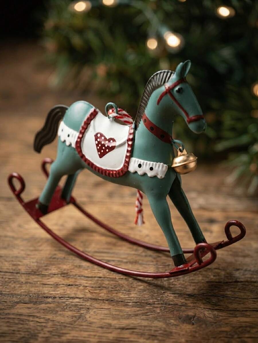 Vintage American Style Tin Rocking Horse Pendant, Red White Green Printed With Bell, Christmas Tree Holiday Decoration Hanging Ornament, Children's Room Soft Decor