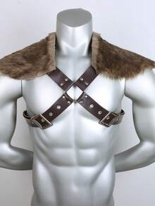 1pc Medieval Viking PU Leather Cross Strap Chest Armor, Vintage Knight Harness, Halloween LARP Cosplay Accessory - Brown - View 2