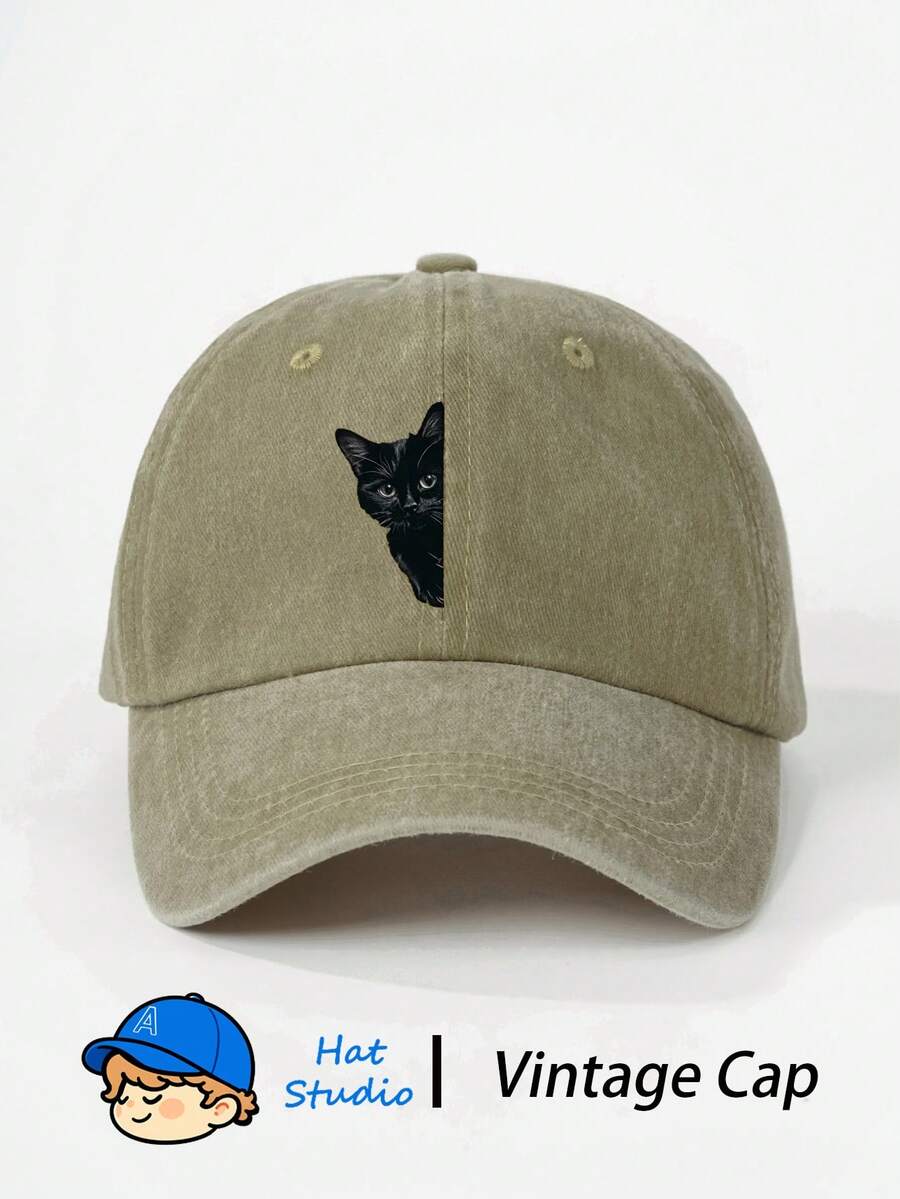 1pc Black Cat Print Baseball Cap, Vintage Soft Sweat-Absorbent Adjustable Size Sun Protection Dad Hat, Suitable For Outdoor Sports And Daily Wear, Women's - Baseball Cap - View 1