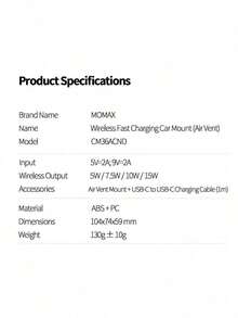 MOMAX CM36ACND 車用無線充電手機支架 15W 無線快充 出風口夾式 2合1 車載導航充電支架 - 黑色 - 查看 6