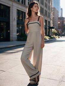 Women Spaghetti Strap Jumpsuit Contrast Trim Straight Leg Romper Casual Outfits For Fall Winter Daily Commuting Going Out Dating - Khaki - View 7