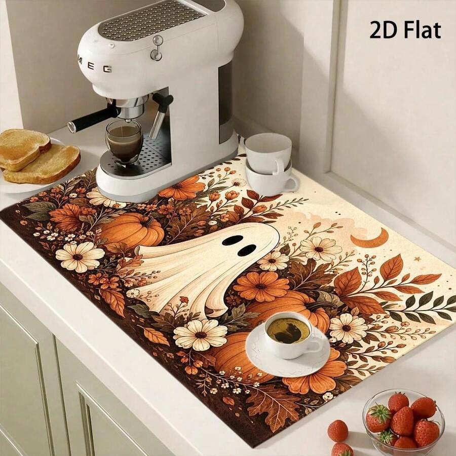 1pc Cute Ghost Diatomaceous Earth Absorbent Welcome Doormat, Halloween & Christmas Decor Rug, Multi-Purpose Floor Mat For Stove, Coffee Station, Water Bar, Indoor/Outdoor Front Door, Kitchen Home Decor Area