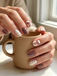 24pcs Short European-Style Fake Nails With A Shiny Brown Plaid Pattern And White Polka Dot Bow Design, Reusable, Full Coverage, Detachable Nail Set For Women, Perfect For Parties, Proms, And Everyday Wear. - Multicolor - View 5