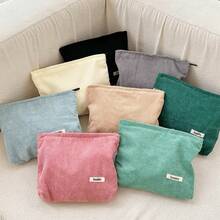 Corduroy Solid Color Makeup Bag, Large Capacity Simple Storage Bag, Toiletry Bag, Coin Purse, Convenient Carrying, Lightweight Large Capacity Storage, Lipstick, Makeup Brush, Eyebrow Pencil, Jewelry, Cosmetics Suitable For Tourism Cosmetics Storage - Multicolor - View 2