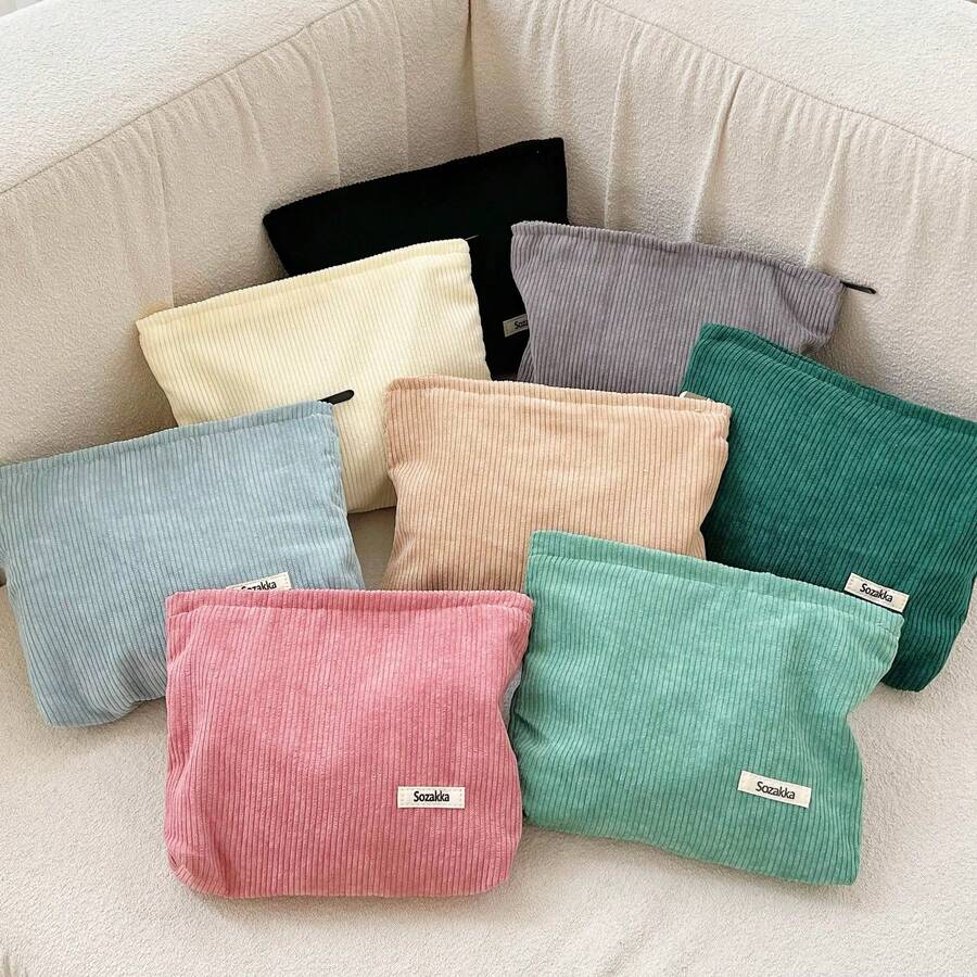 Corduroy Solid Color Makeup Bag, Large Capacity Simple Storage Bag, Toiletry Bag, Coin Purse, Convenient Carrying, Lightweight Large Capacity Storage, Lipstick, Makeup Brush, Eyebrow Pencil, Jewelry, Cosmetics Suitable For Tourism Cosmetics Storage