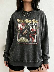 Plus Size Women's Round Neck Long Sleeve Wolf Pack Vintage Style Graphic Sweatshirt, Suitable For Book Lovers - Black - View 7