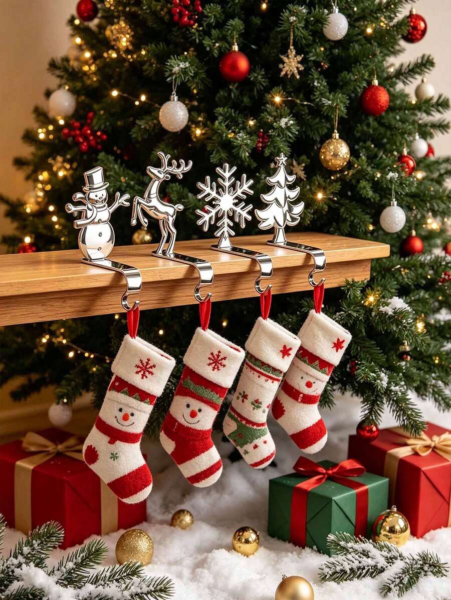 Christmas Stocking Hooks, Fireplace Hooks With Reindeer, Snowman, Tree And Snowflake Patterns, Christmas Fireplace Stocking Holder, Holiday Party Home Decor - Multicolor - View 1