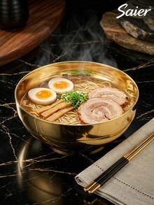 Korean Style Large Gold Stainless Steel Bowl, High Capacity Ramen Bowl, Soup Bowl, Instant Noodle Bowl, Stackable For Easy Storage, Durable And Anti-Drop, High Aesthetic Value, Modern Minimalist Kitchenware - Multicolor - View 3