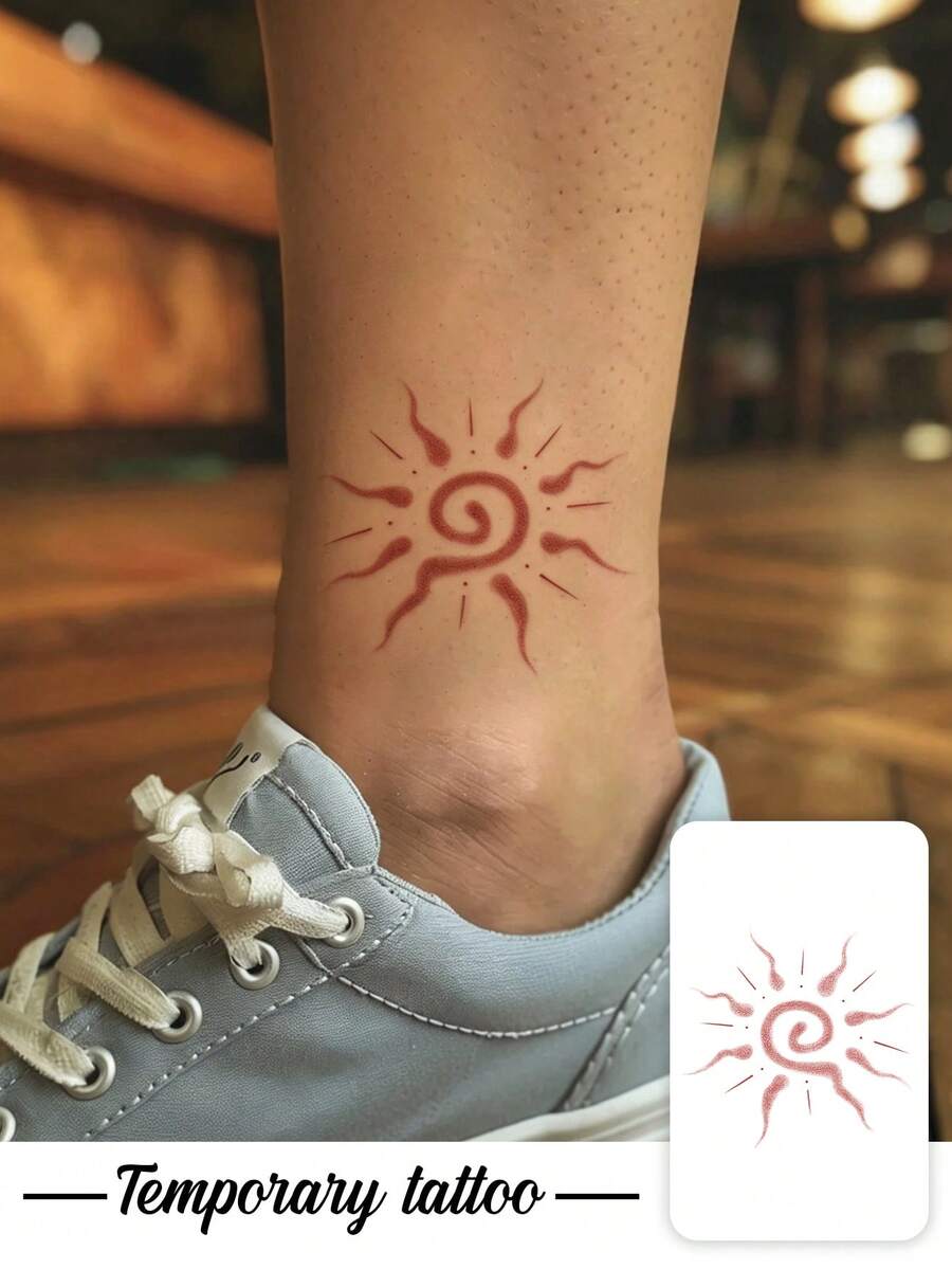 1pc Temporary Tattoo, Red Dotwork Spiral Sun Pattern, Realistic Fake Tattoo Design, For Daily, Bachelorette Party Favors, Music Festival, Game, Graduation Gift, Lasts 3-5 Days - Red - View 1