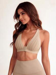 Lilivine Sexy Semi-Sheer Wireless Deep V Front Closure Bra, Striped Unpadded Spaghetti Camisole, Runs Small - Apricot - View 4