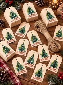 1 Set 48pcs/1pc - Christmas Holiday Gift Tags With Jute Rope - Green Background, Perfect For Holiday Packaging Cards, Seasonal Greetings And Holiday Decorations, Gift Wrapping Supplies Cards - Christmas Tree Style 2 - View 8