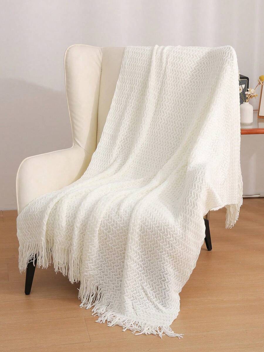1pc Solid Color Knitted Blanket, Nordic Style Tassel Design Soft Blanket, Office Nap Blanket, Bed Cover, Sofa Throw, Suitable For Daily Use - Shell Towel White - View 1