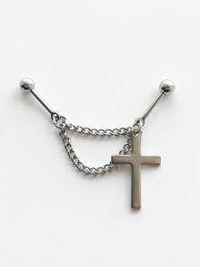 1Pc Double Chain Cross Pendant Floating Industrial Piercing Barbell Stainless Steel Ear Helix Piercing Earring Ear Stack Body Jewelry - Silver - View 8